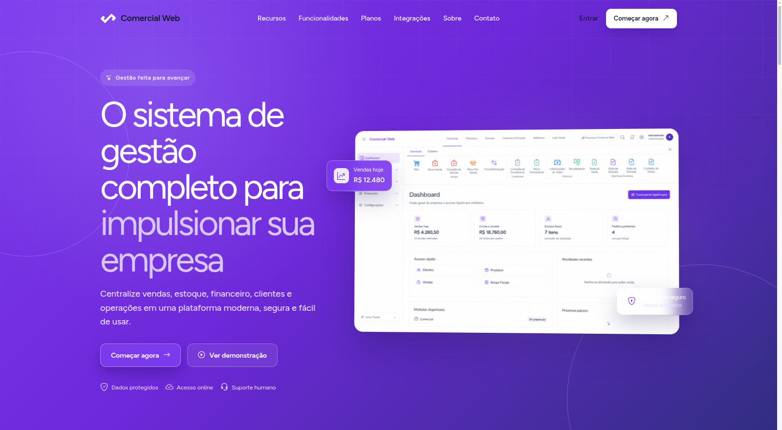 Tela inicial do sistema Comercial Web